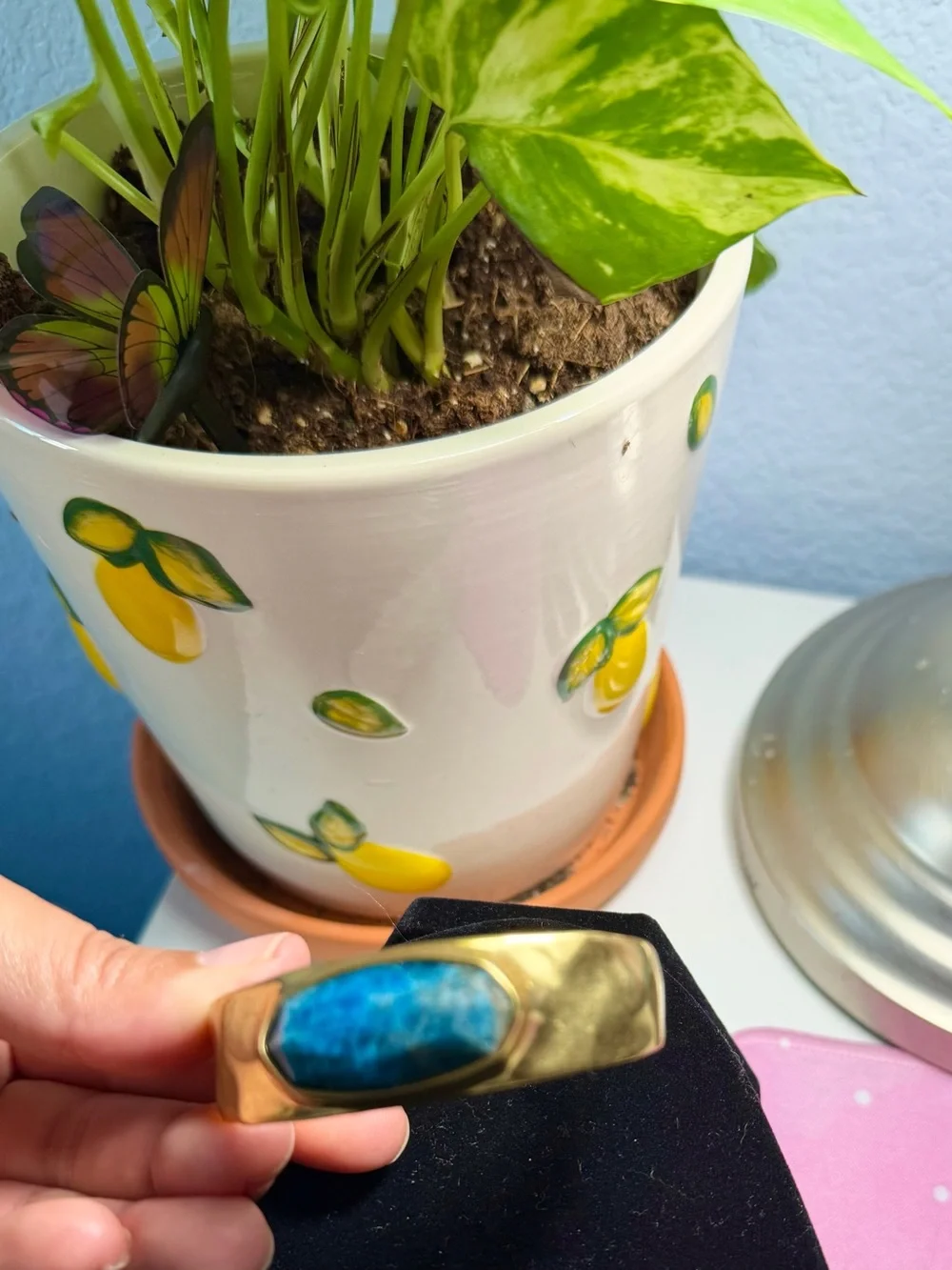 Kendra Scott Wide Brass Statement Cuff Bracelet Blue Stone